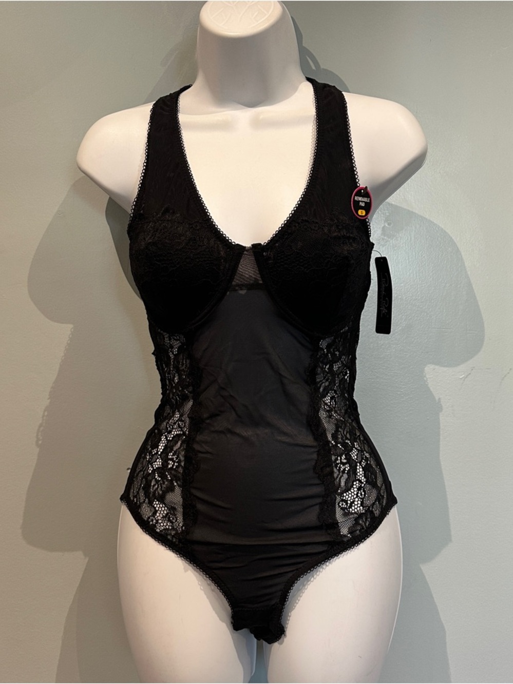 Rene Rofe Black Lace Sheer Bodysuit Lingerie Small New with Tags